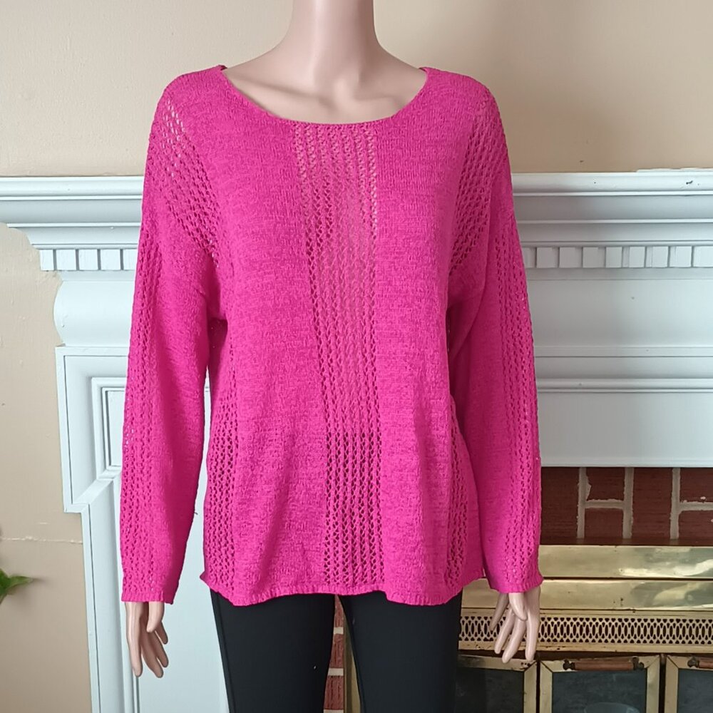 Francesca's Blue Rain Pink Sweater XL Open Knit Pointelle Long Sleeve Silky Soft